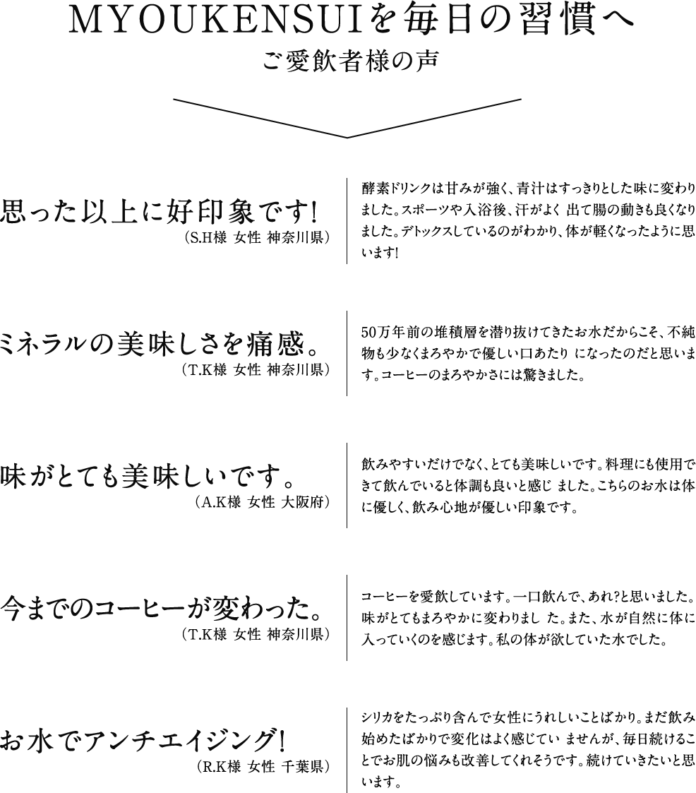 妙見水を毎日の習慣へ　ご愛飲者様の声